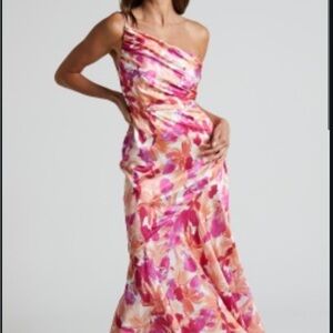 Showpo Alyssia Midi Dress - One Shoulder Ruched Satin Dress